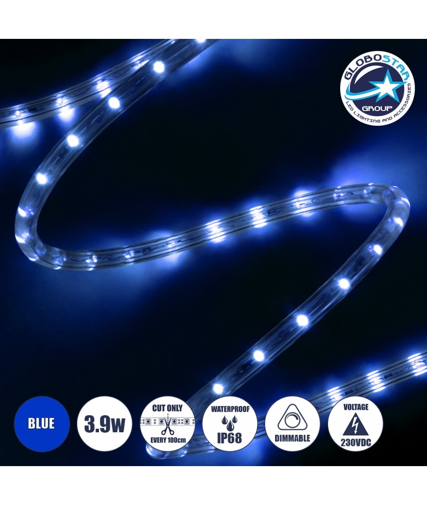 GloboStar® 70606 Φωτοσωλήνας LED DIODE 1m 3.9W-m 36LED-m 117lm-m 360° DC 230V Αδιάβροχος IP68 Μπλε Dimmable